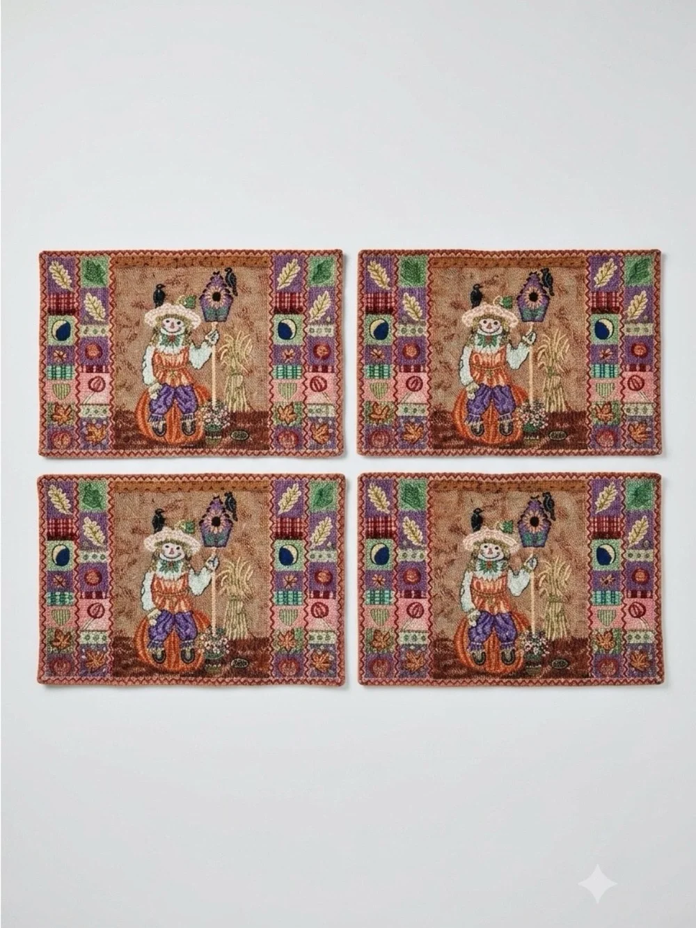 Vintage Fall Scarecrow Tapestry Placemats Set of 4 Woven Pumpkin Harvest Decor